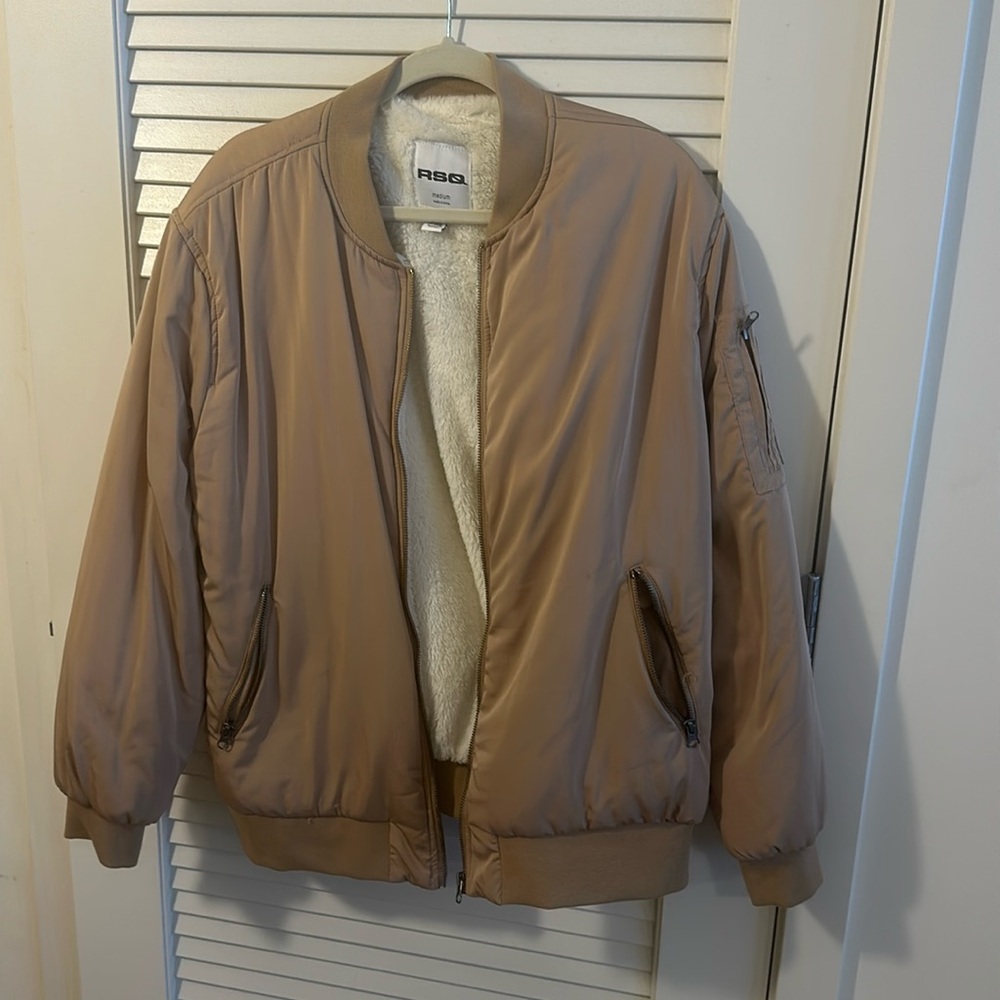 Beige bomber jacket furry lining boxy oversized